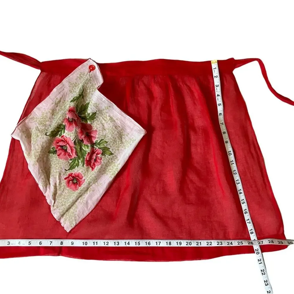 VINTAGE-SHEER-HANDMADE Red Kitchen Apron with Floral Handkerchief